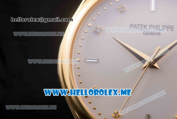 Patek Philippe Calatrava Miyota Quartz Yellow Gold Case with White Dial and Brown Leather Strap Diamonds Markers - Click Image to Close